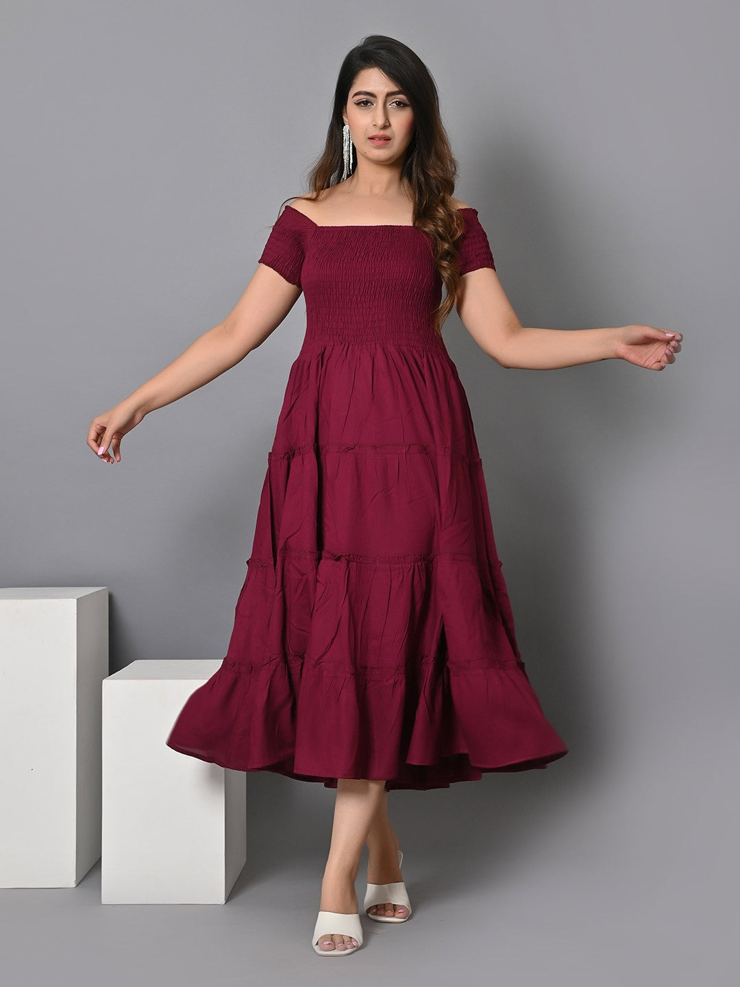 Off Shoulder Smocked Tiered Fit & Flare Midi Dress