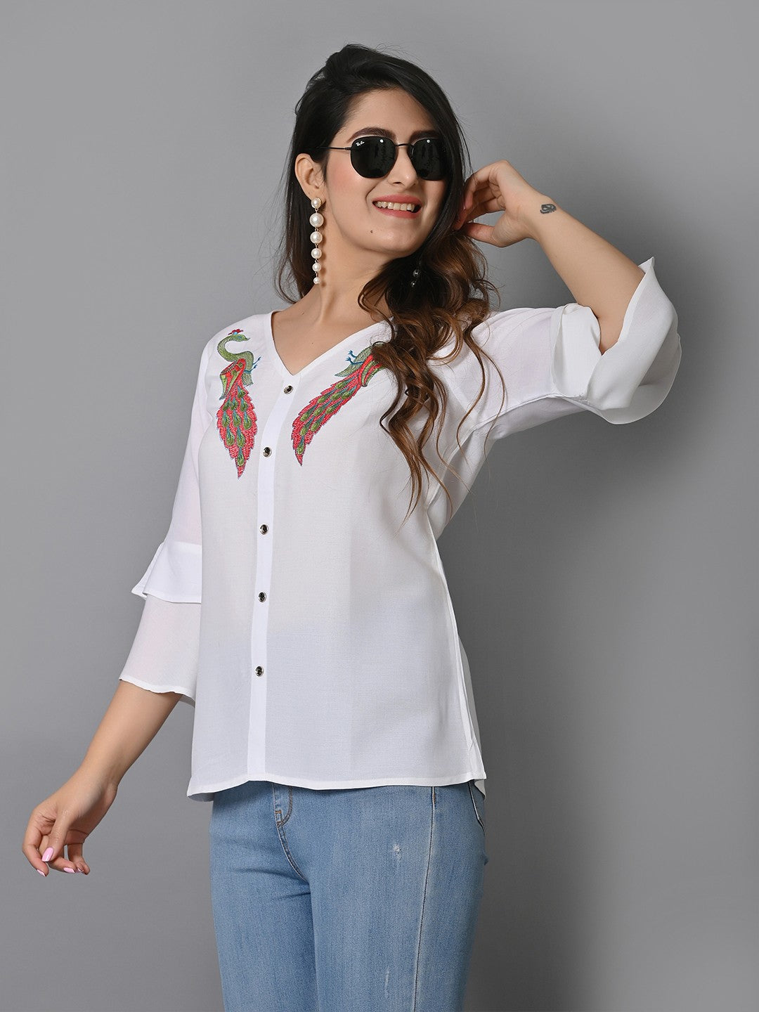Self Design Embroidered V-Neck Bell Sleeves Shirt Style Top