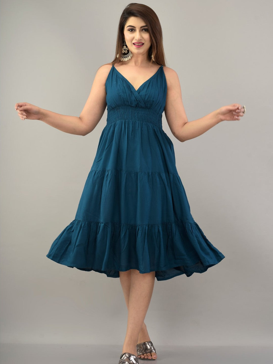 Blue Fit & Flare Tiered Midi Dress