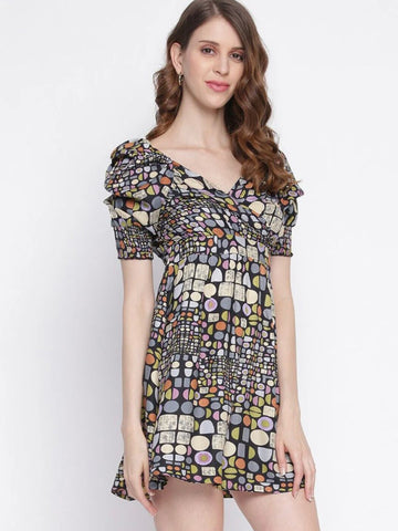 Women Black Geometric Printed Wrap Dress
