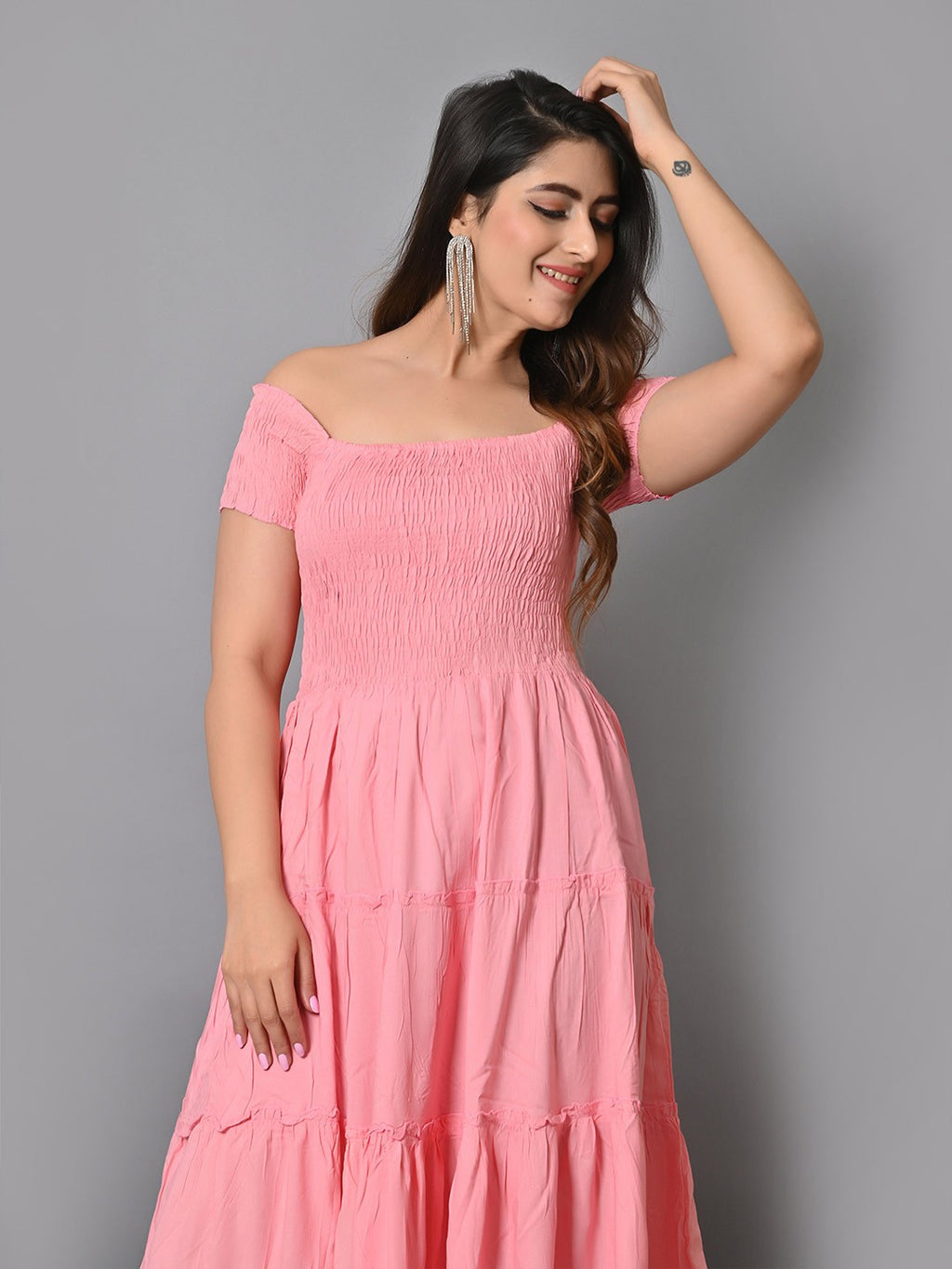 Off Shoulder Smocked Tiered Fit & Flare Midi Dress