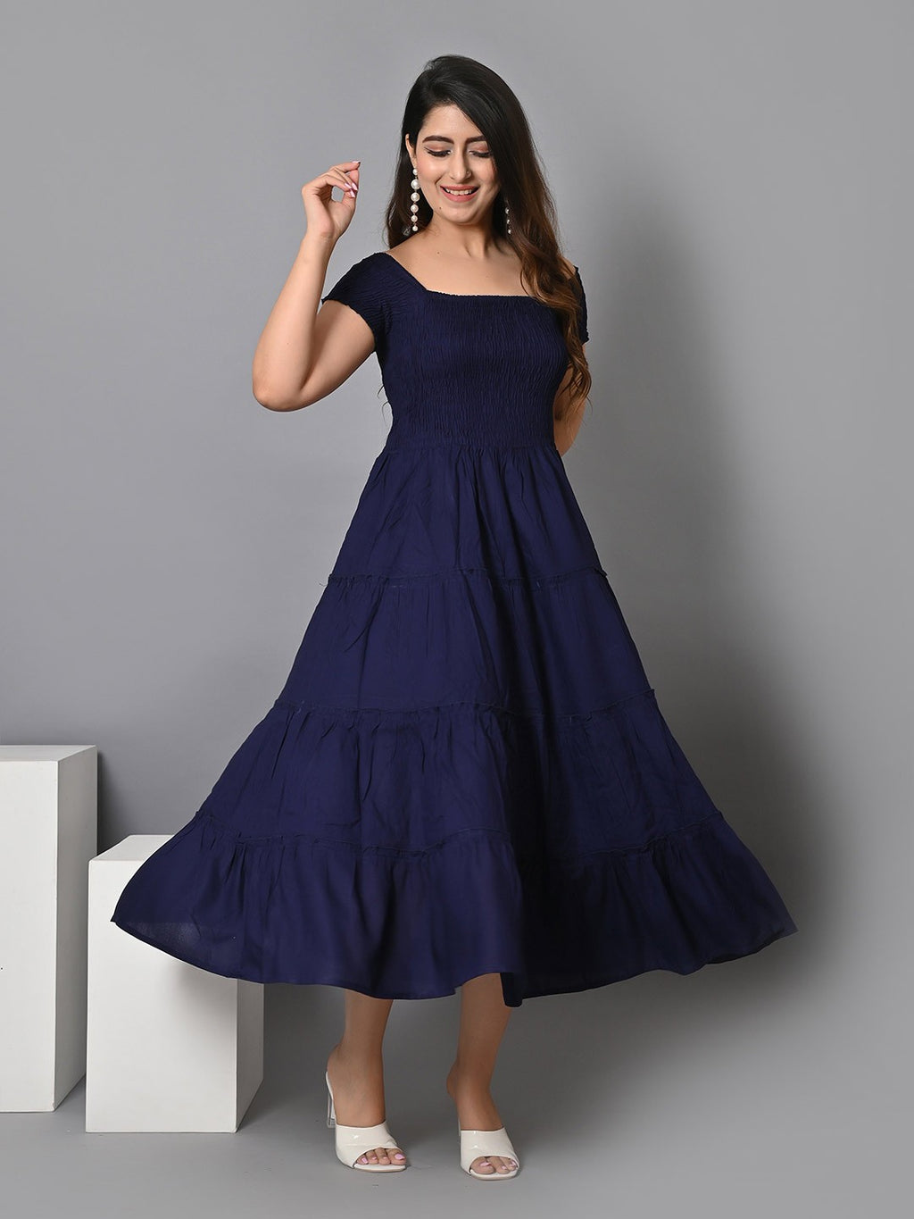 Square Neck Smocked Tiered Fit & Flare Midi Dress