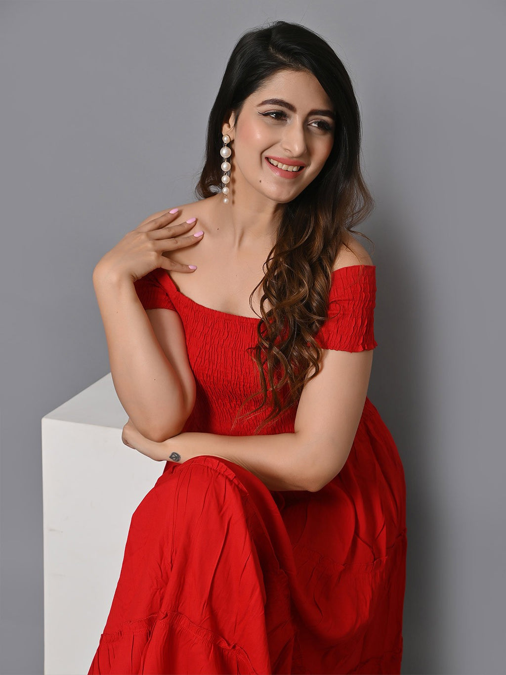 Off Shoulder Smocked Tiered Fit & Flare Maxi Dress