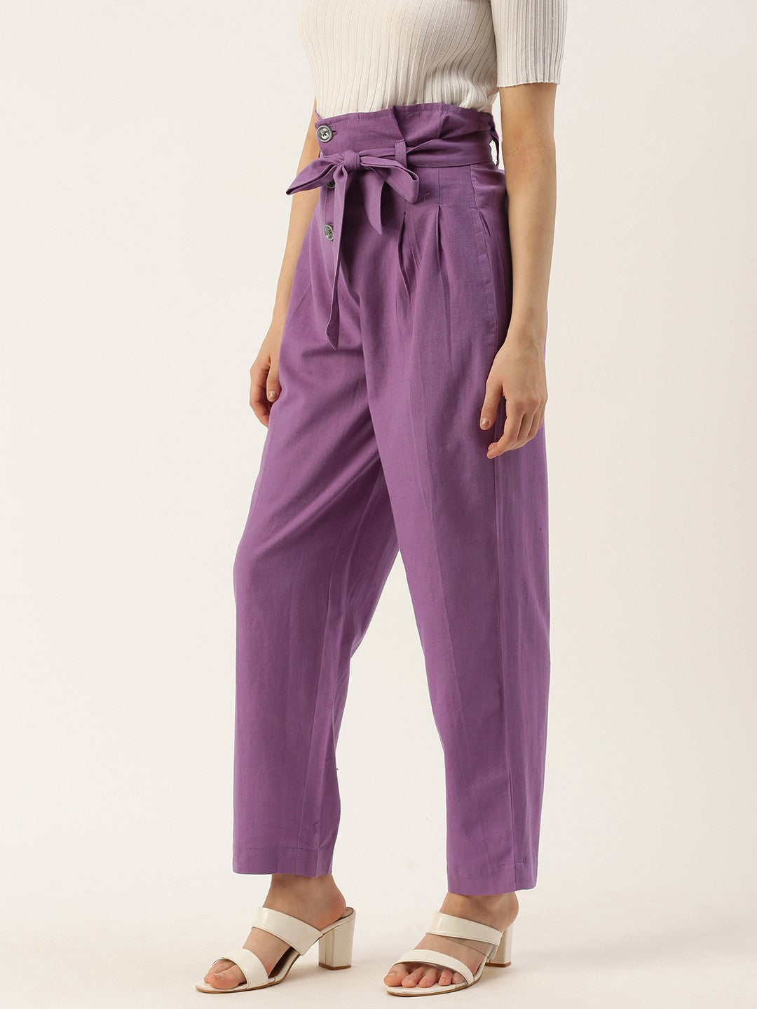 High-Rise Pleated Trousers With Waist Tie-Ups Detail