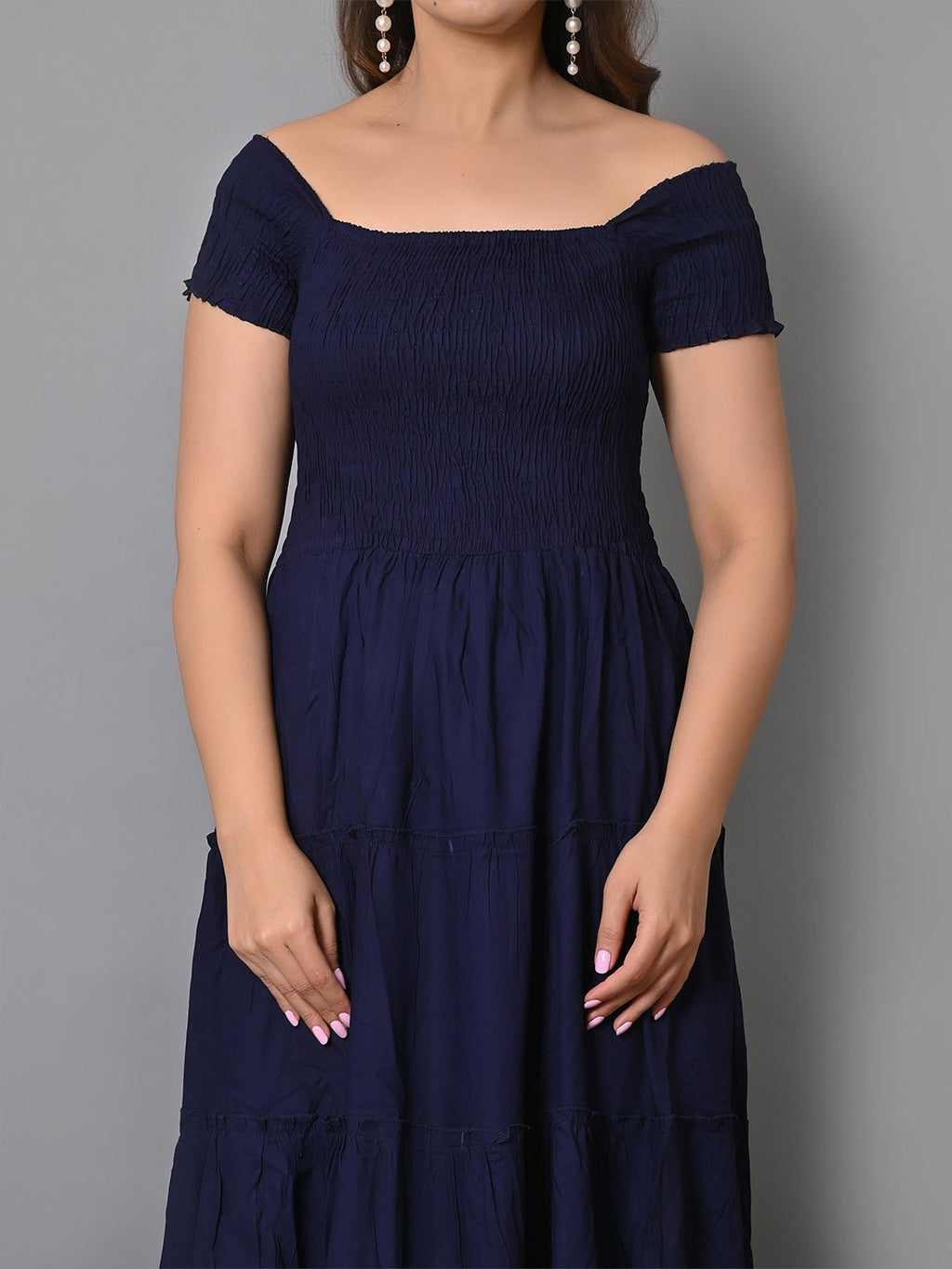 Square Neck Smocked Tiered Fit & Flare Midi Dress