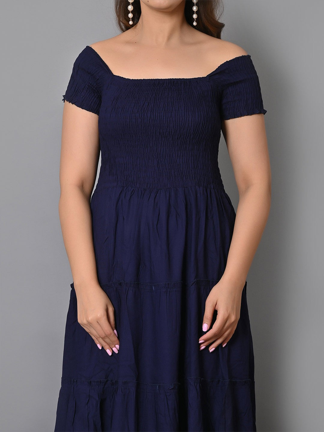 Square Neck Smocked Tiered Fit & Flare Midi Dress