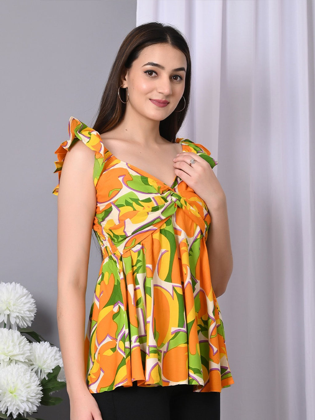 Abstract Printed V-Neck Twisted Longline Top