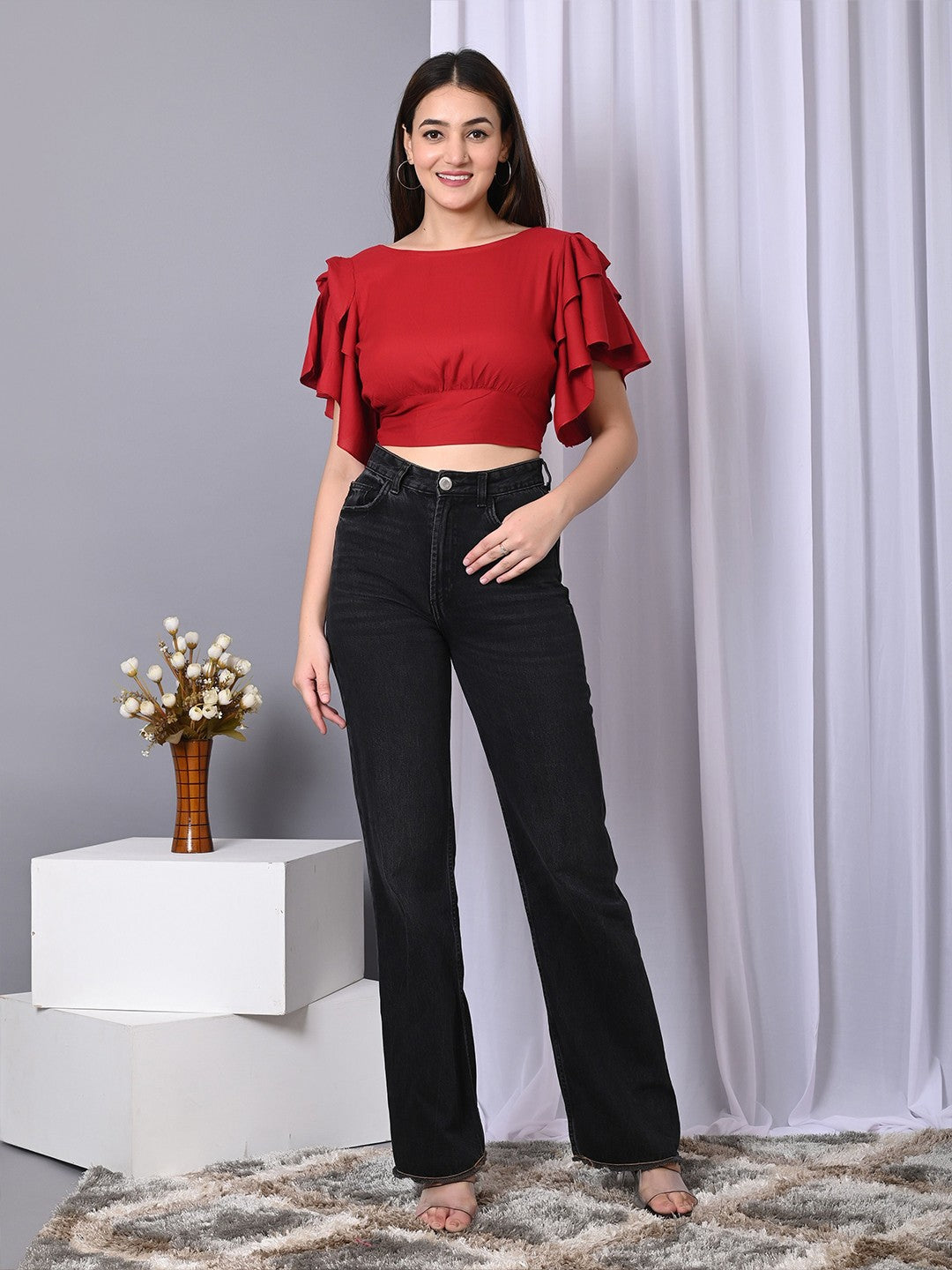 Boat Neck Flared Sleeve Ruffles Crop Top