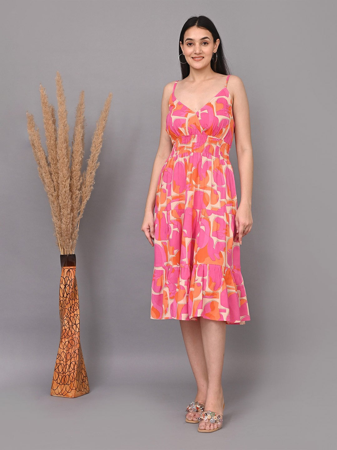 Abstract Printed Shoulder Straps Smocked Fit & Flare Dress