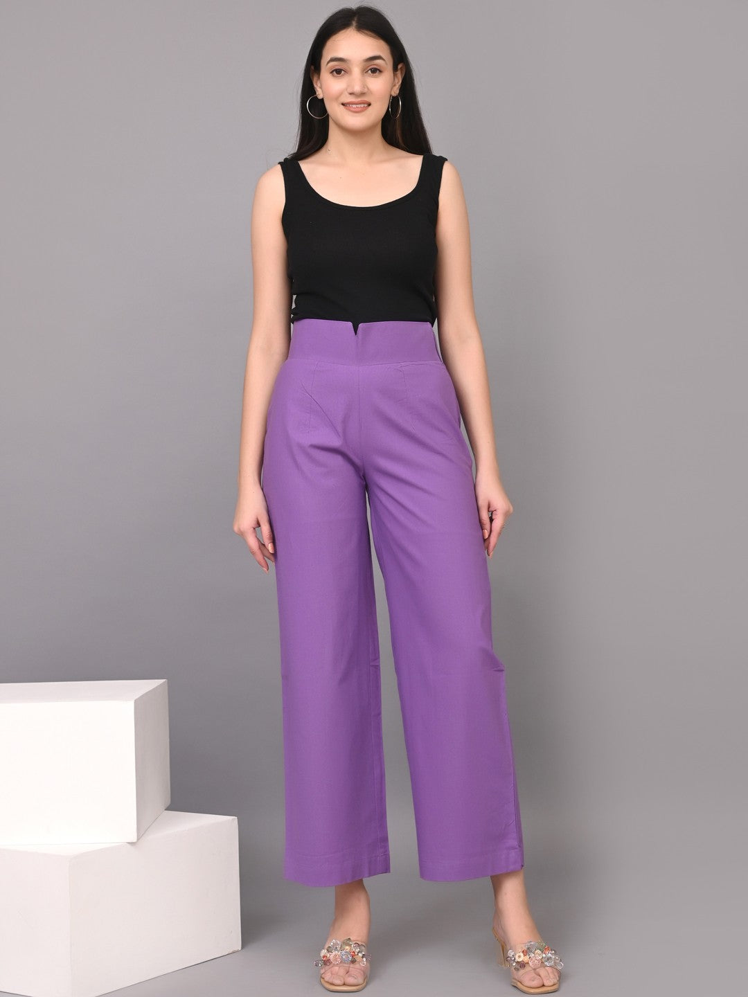 Women High-Rise Regular Fit Cotton Trousers