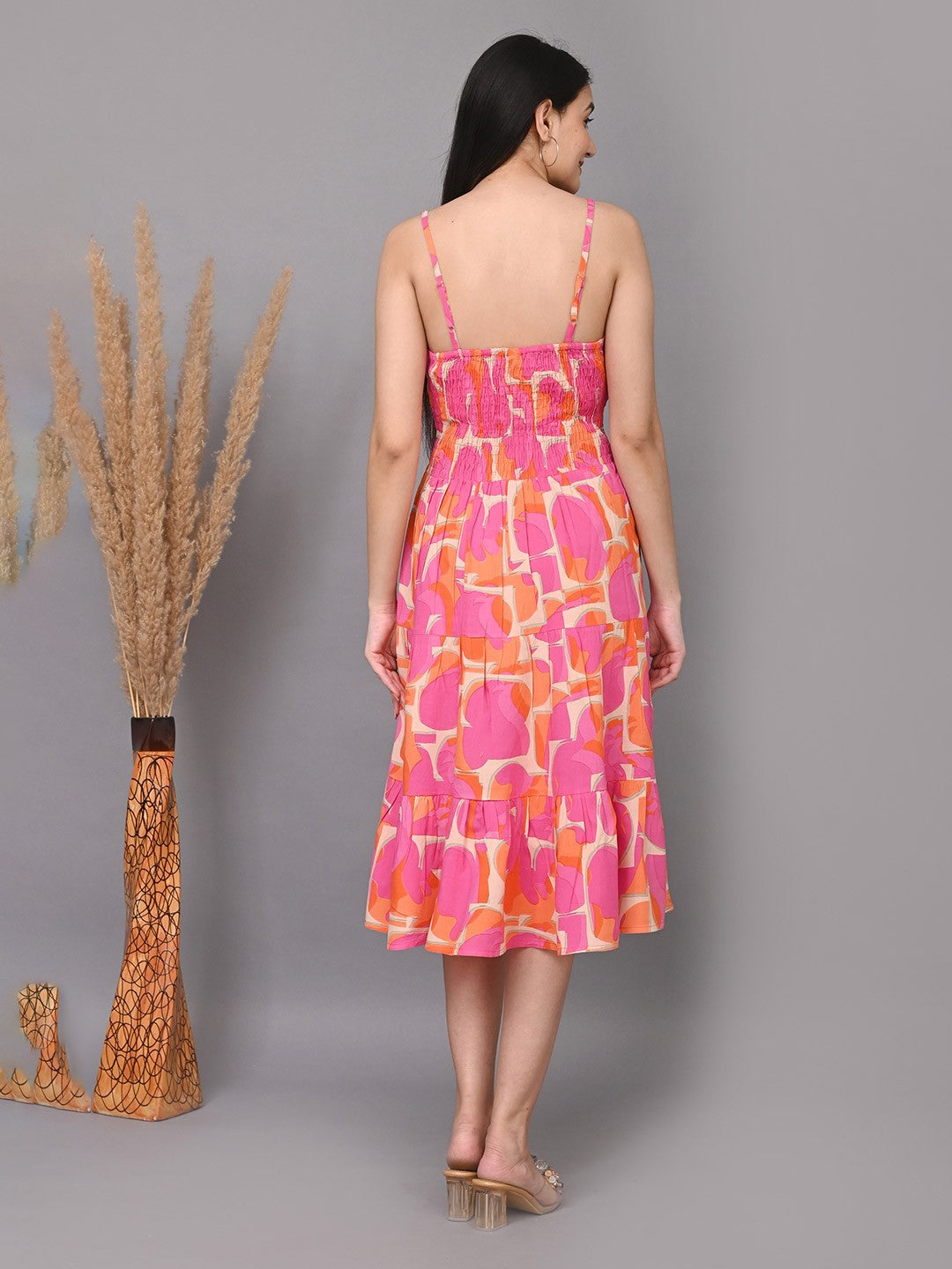 Abstract Printed Shoulder Straps Smocked Fit & Flare Dress