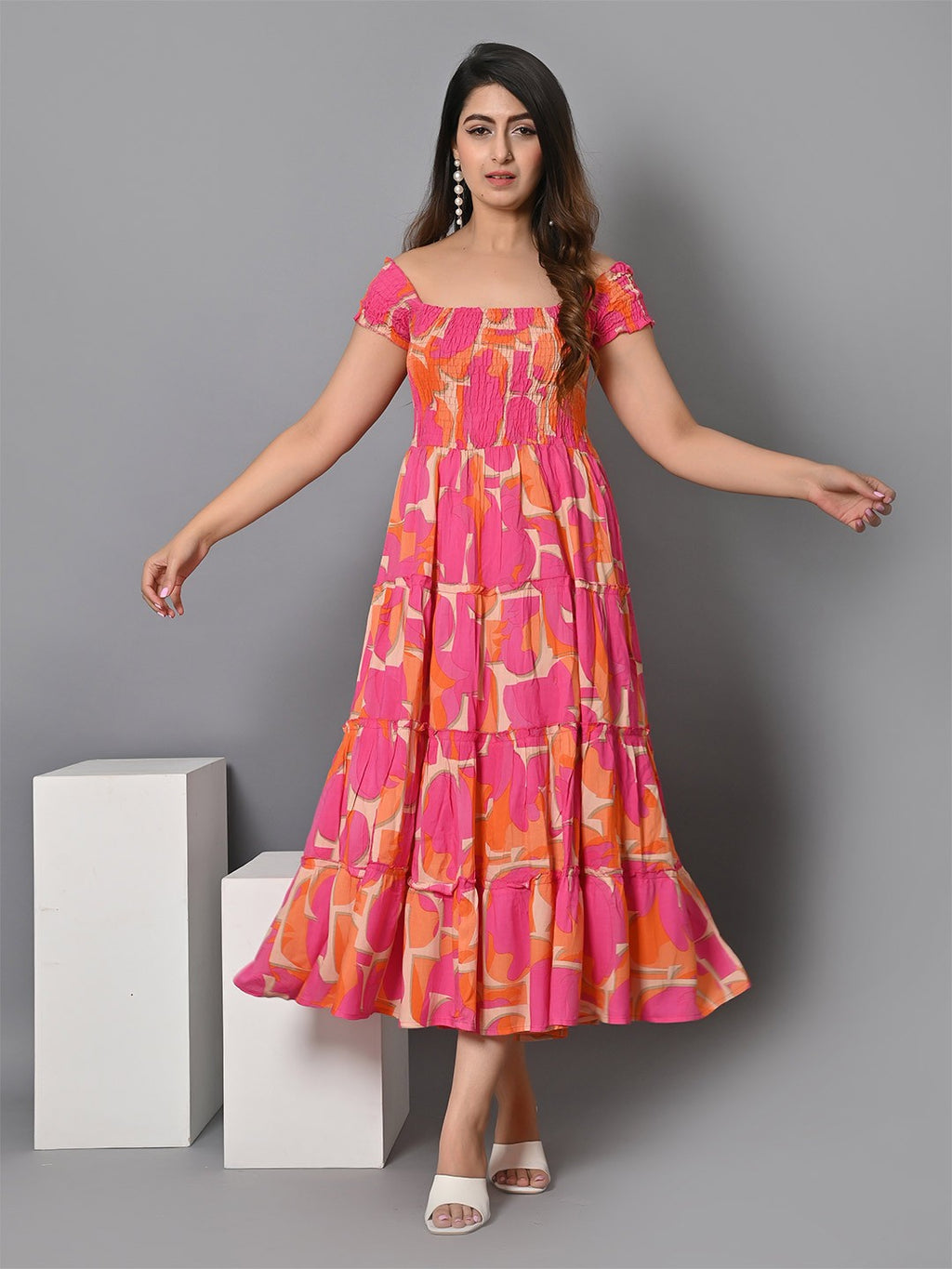 Geometric Printed Square Neck A-Line Dress