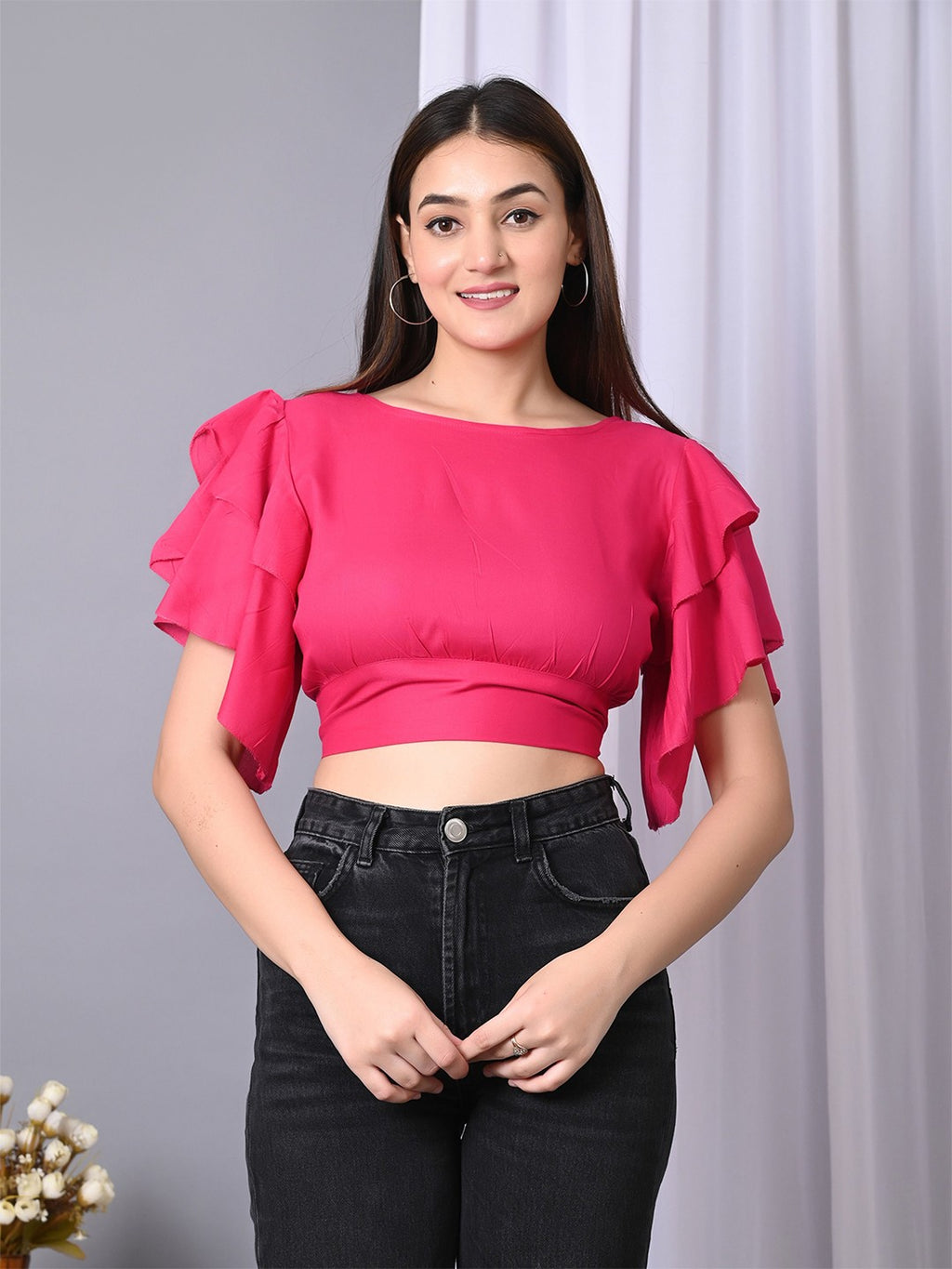 Flutter Women Solid Flutter Sleeve Ruffles Crop Top