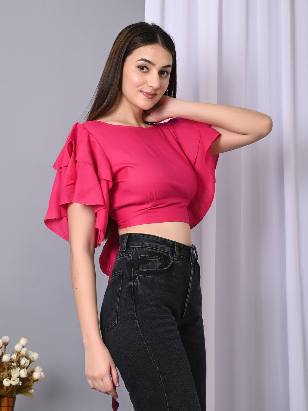 Flutter Women Solid Flutter Sleeve Ruffles Crop Top