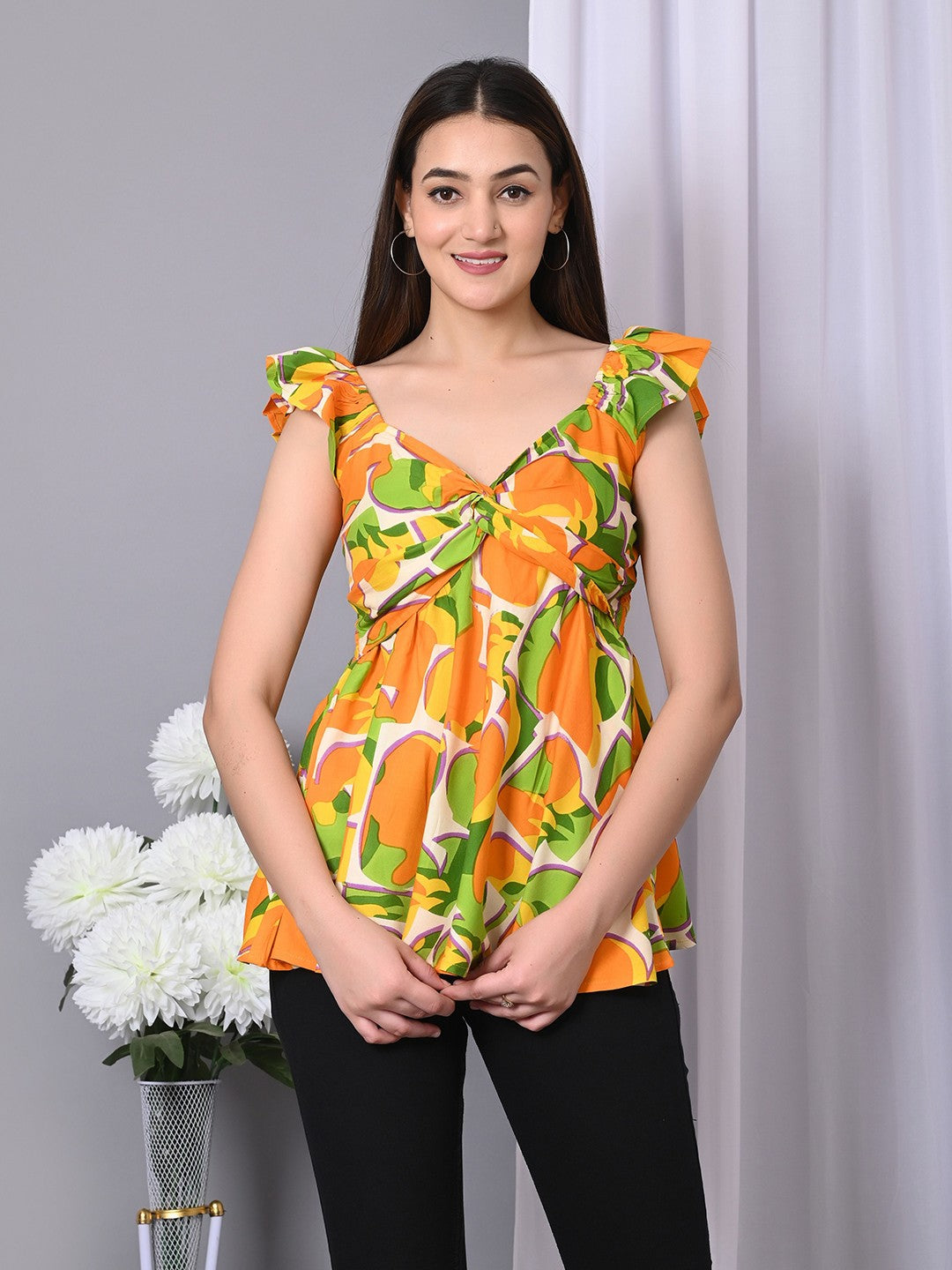 Abstract Printed V-Neck Twisted Longline Top