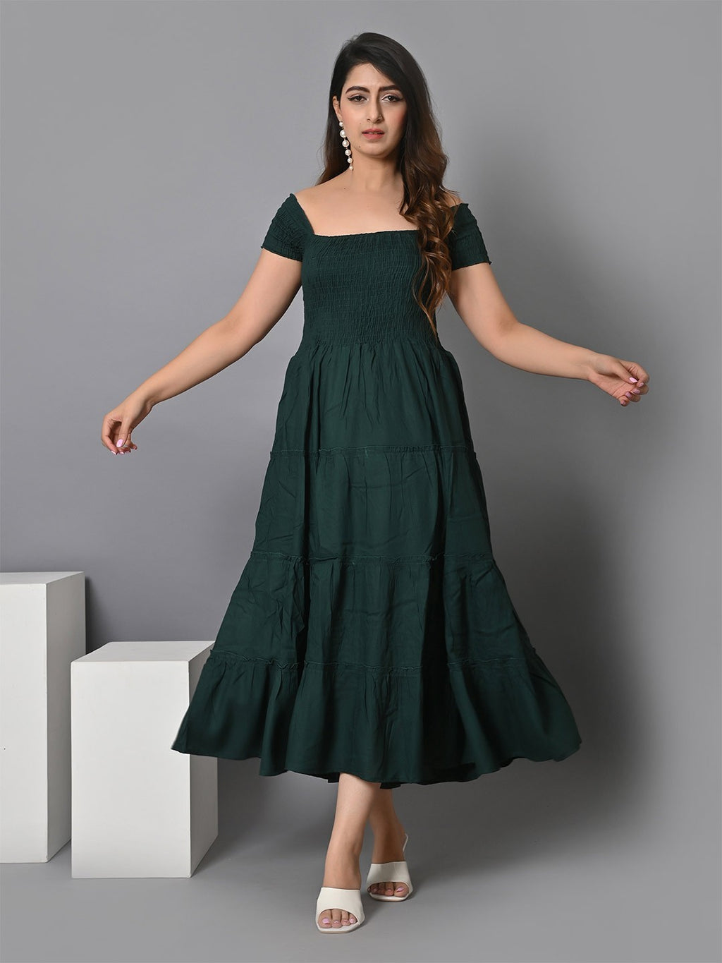 Off Shoulder Smocked Tiered Fit & Flare Midi Dress