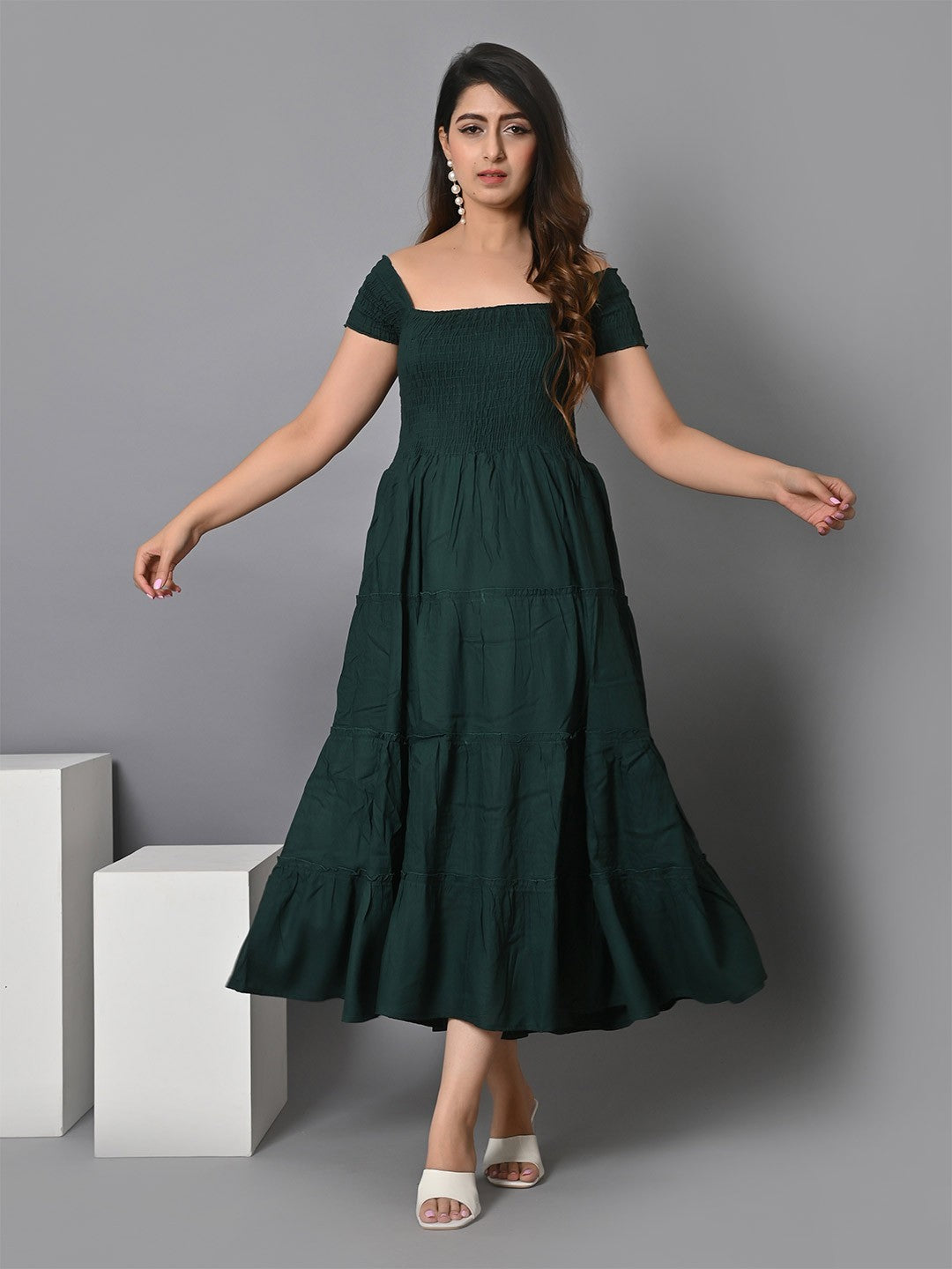Off Shoulder Smocked Tiered Fit & Flare Midi Dress