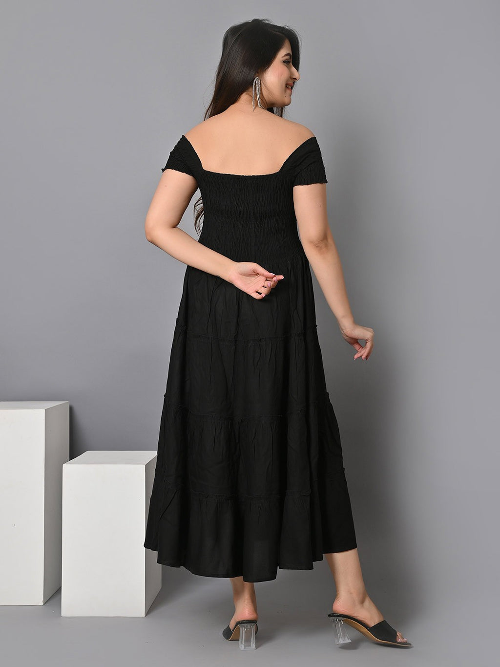 Square Neck Smocked Tiered Fit & Flare Midi Dress