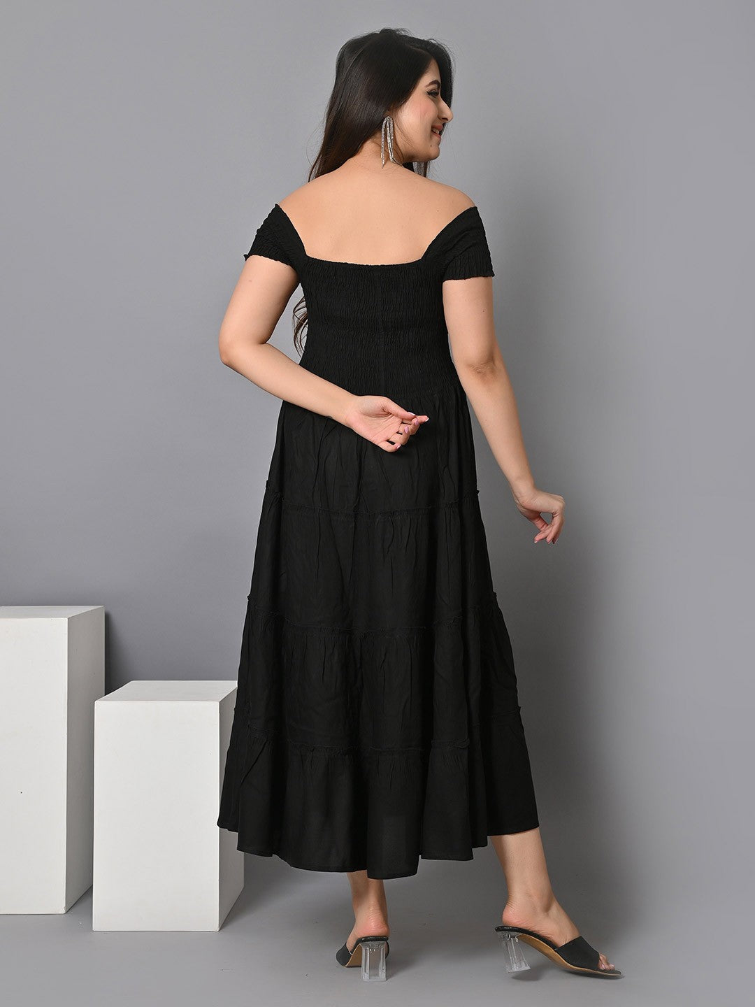 Square Neck Smocked Tiered Fit & Flare Midi Dress