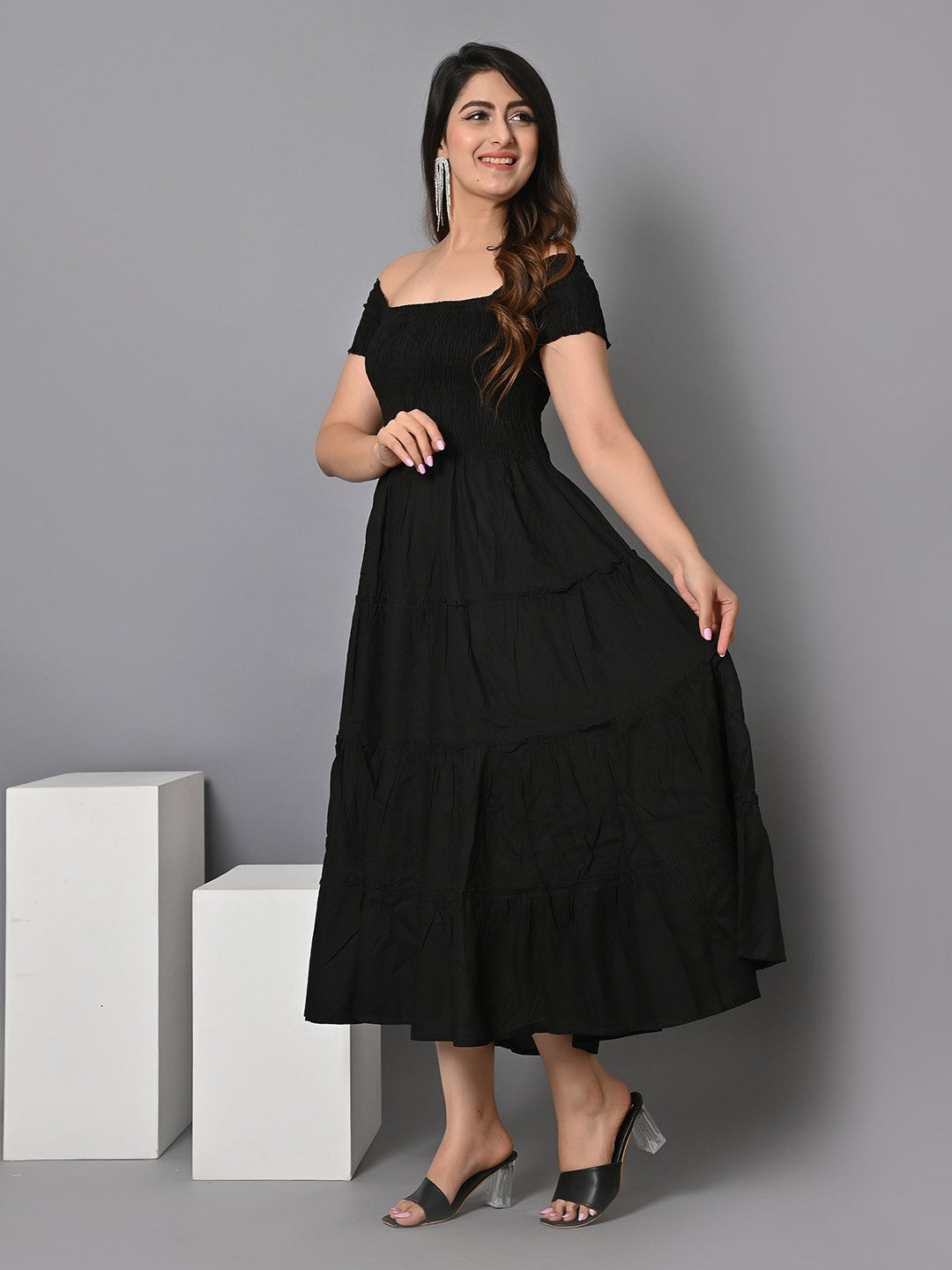 Square Neck Smocked Tiered Fit & Flare Midi Dress