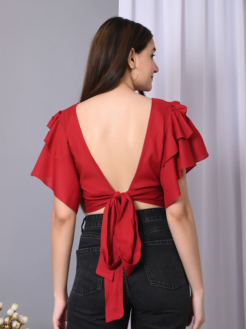 Boat Neck Flared Sleeve Ruffles Crop Top