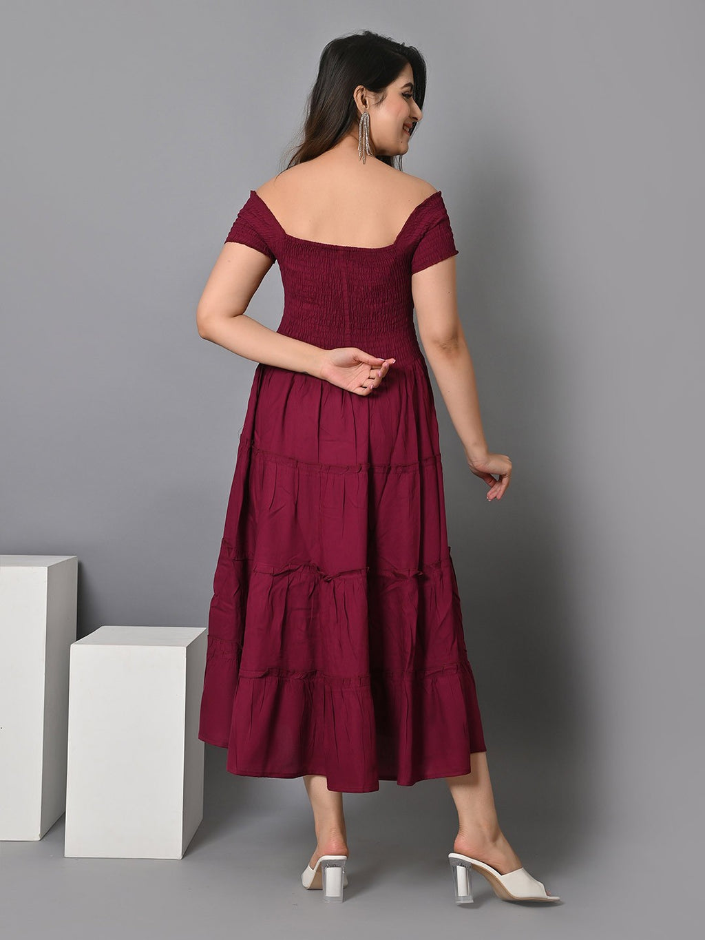 Off Shoulder Smocked Tiered Fit & Flare Midi Dress