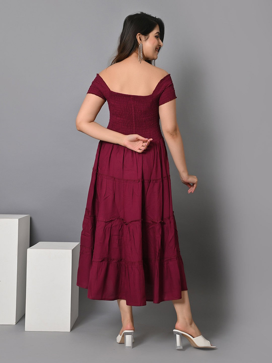 Off Shoulder Smocked Tiered Fit & Flare Midi Dress