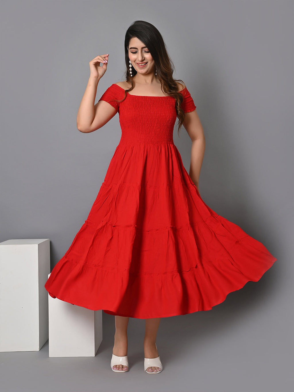 Off Shoulder Smocked Tiered Fit & Flare Maxi Dress