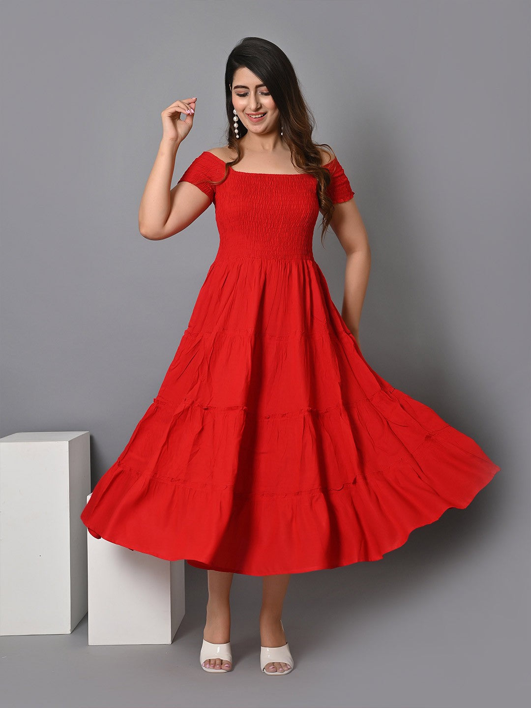 Off Shoulder Smocked Tiered Fit & Flare Maxi Dress