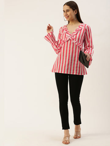 Pure Cotton Striped V-Neck Top With Ruffle Detail