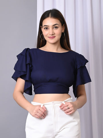 Flutter Women Solid Flutter Sleeve Ruffles Crop Top