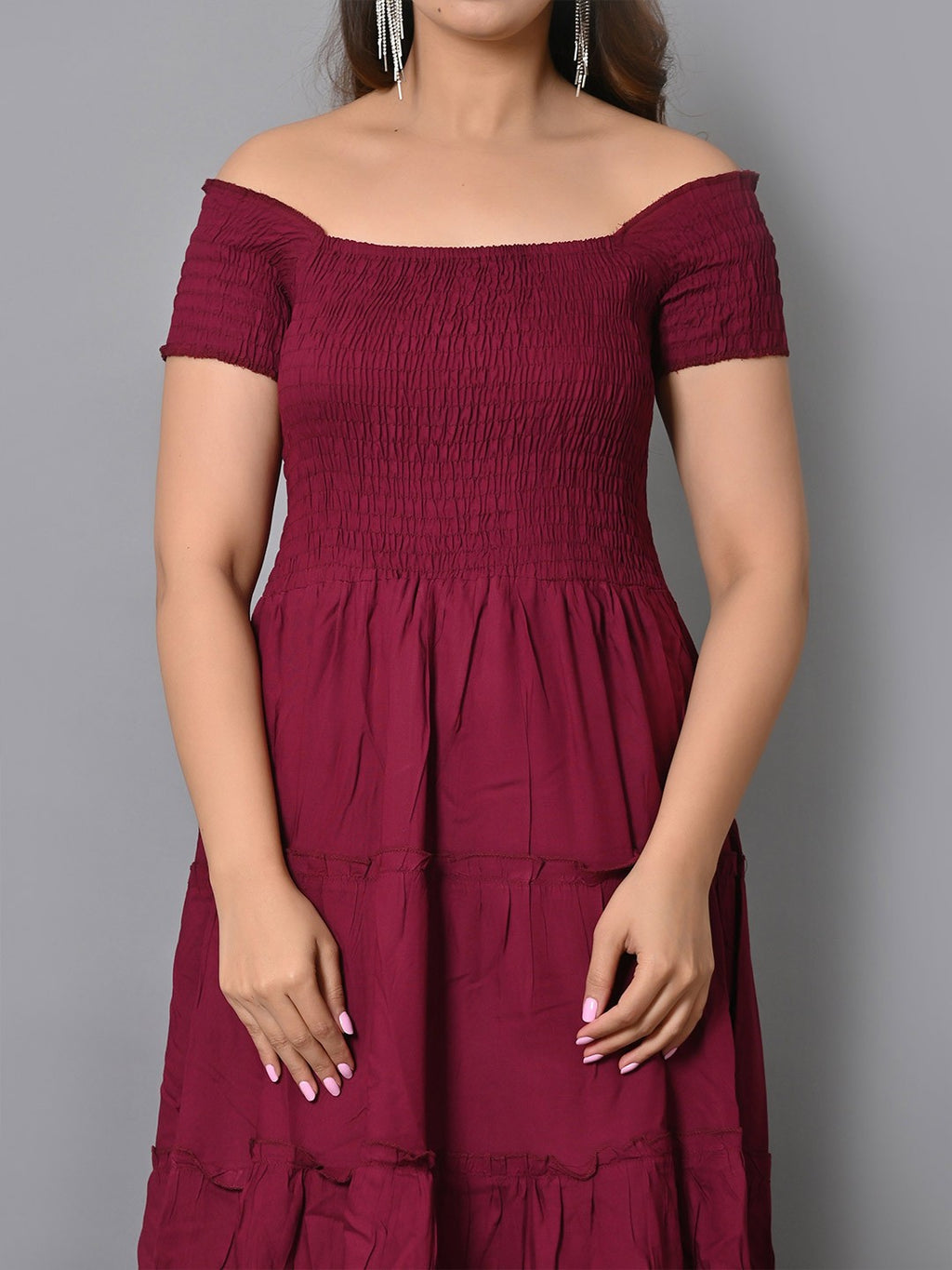 Off Shoulder Smocked Tiered Fit & Flare Midi Dress
