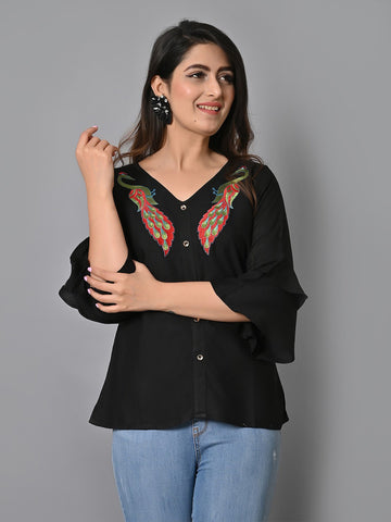 Self Design Embroidered V-Neck Bell Sleeves Shirt Style Top