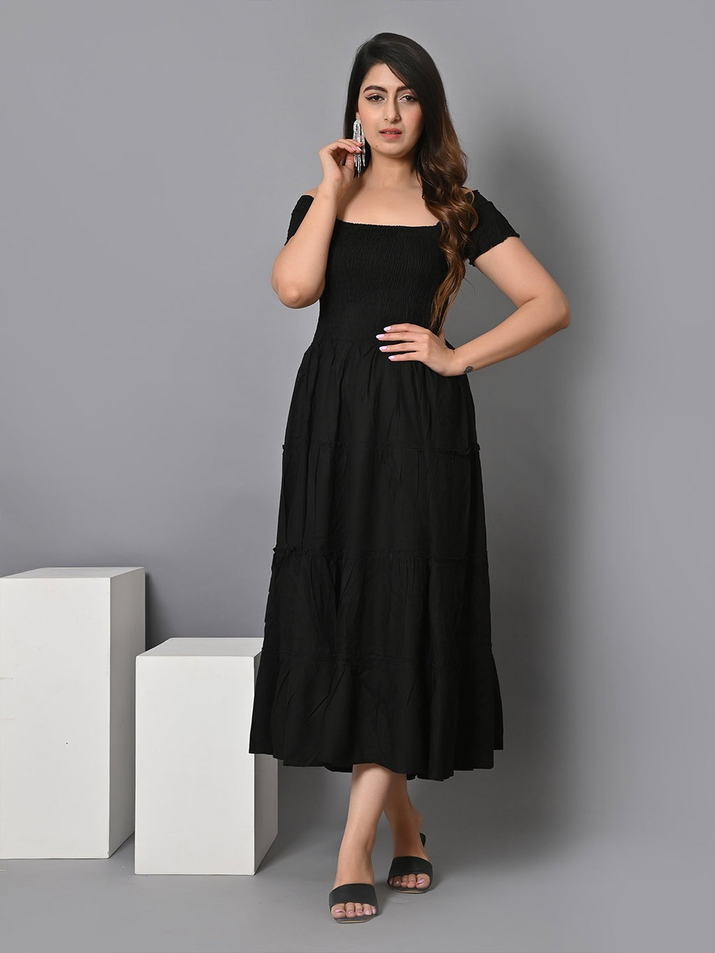 Square Neck Smocked Tiered Fit & Flare Midi Dress