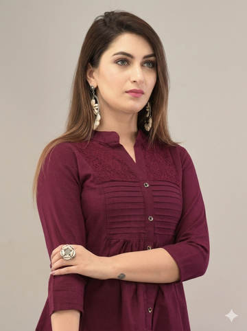 IQRAAR Embellished Mandarin Collar Top Wine