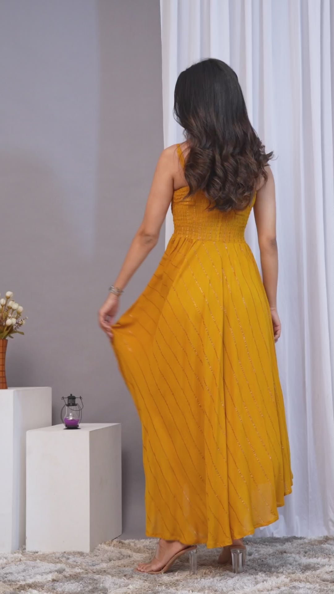 IQRAAR Women Lurex Rayon Fit & Flared Western Wear Dress Mustard
